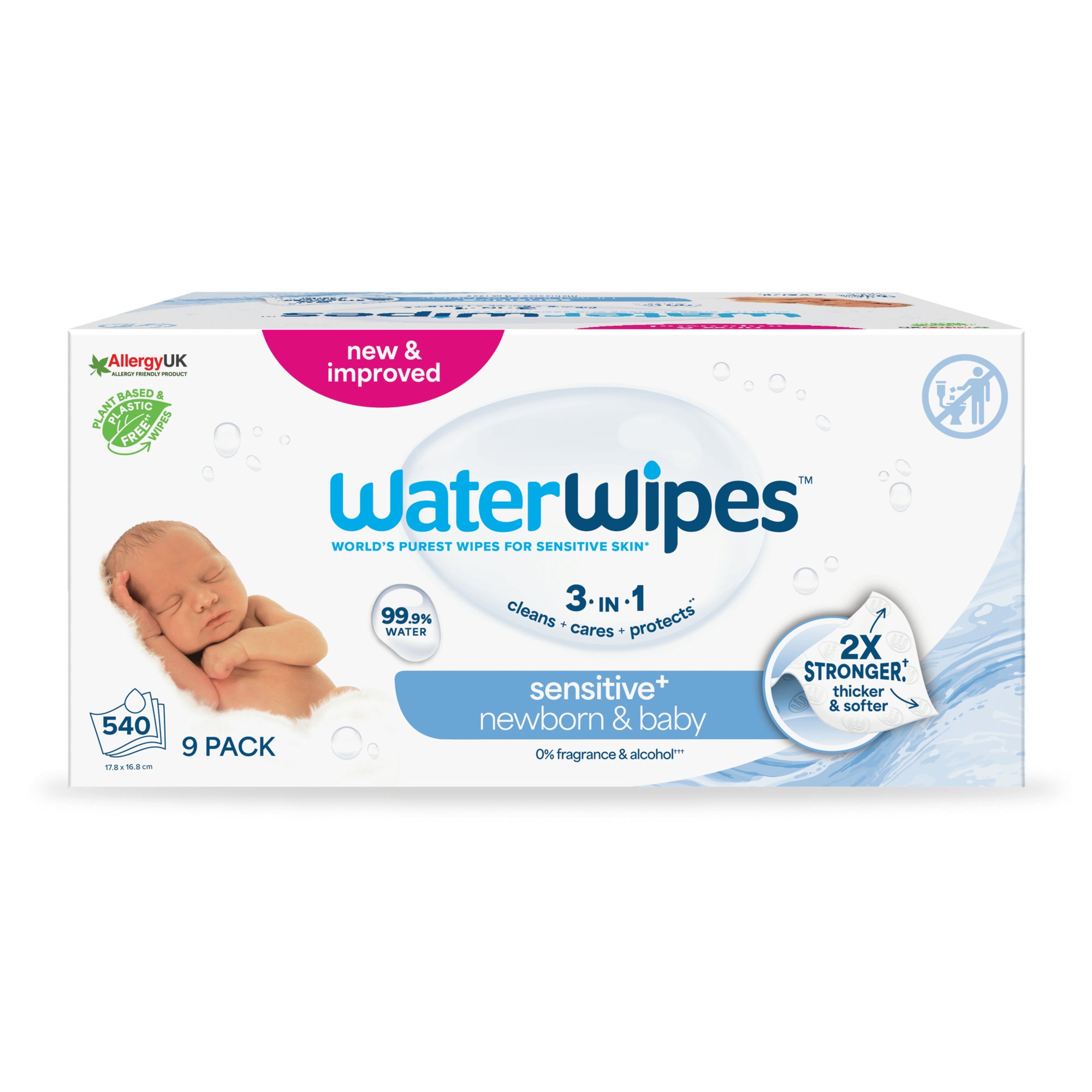 Toalhitas WaterWipes Sensitive+ - Toalhitas de Limpeza Bio | 9x60 - 540unidades